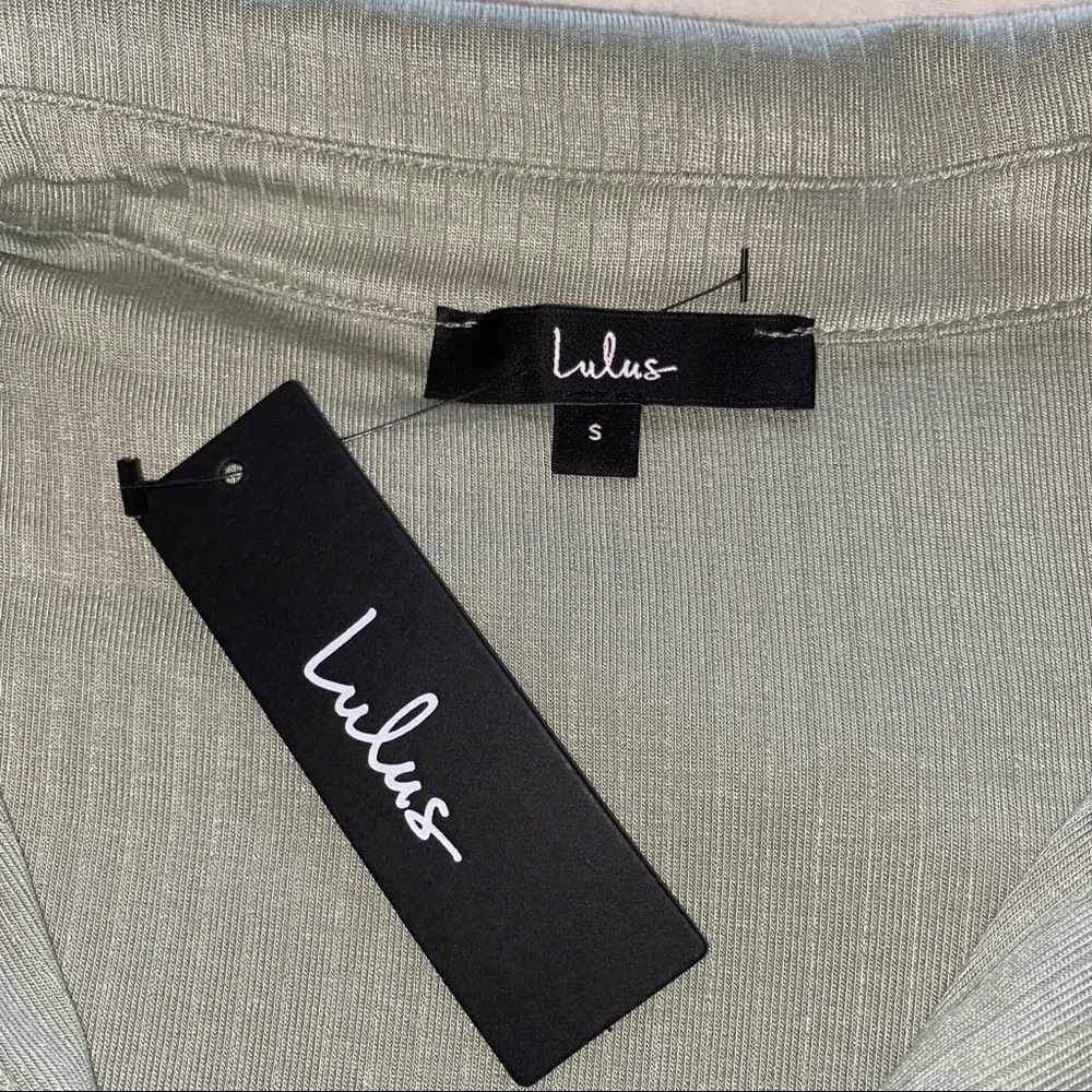 Lulu’s Sage Green Ribbed Collared Short Sleeve Crop Top - Picture 5 of 8